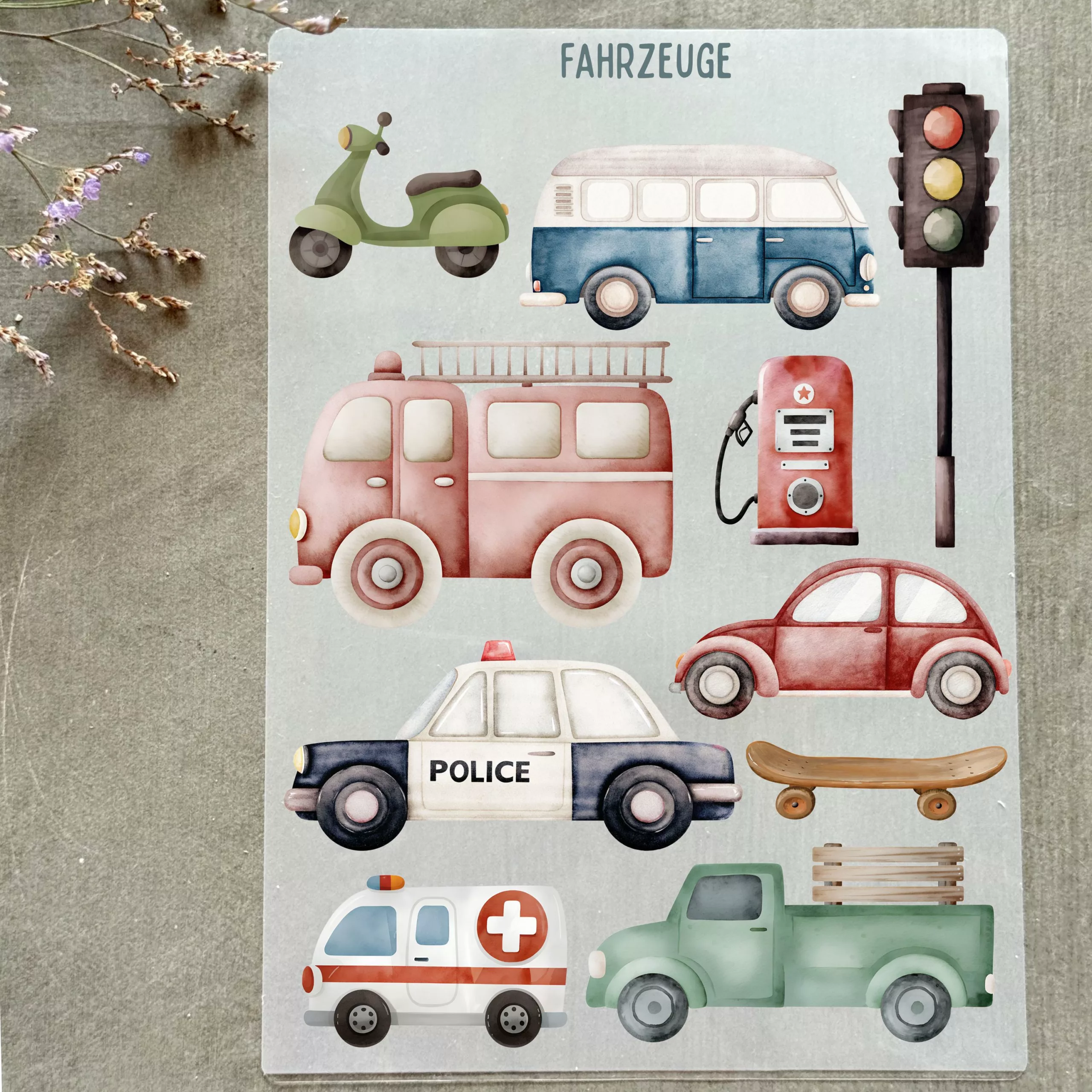 Rub-on Aufkleber I Randlose Sticker I A5 Bogen I UV DTF Sticker I Kindermotive I Autos I Polizei I Bus I Roller I RTW I Feuerwehr