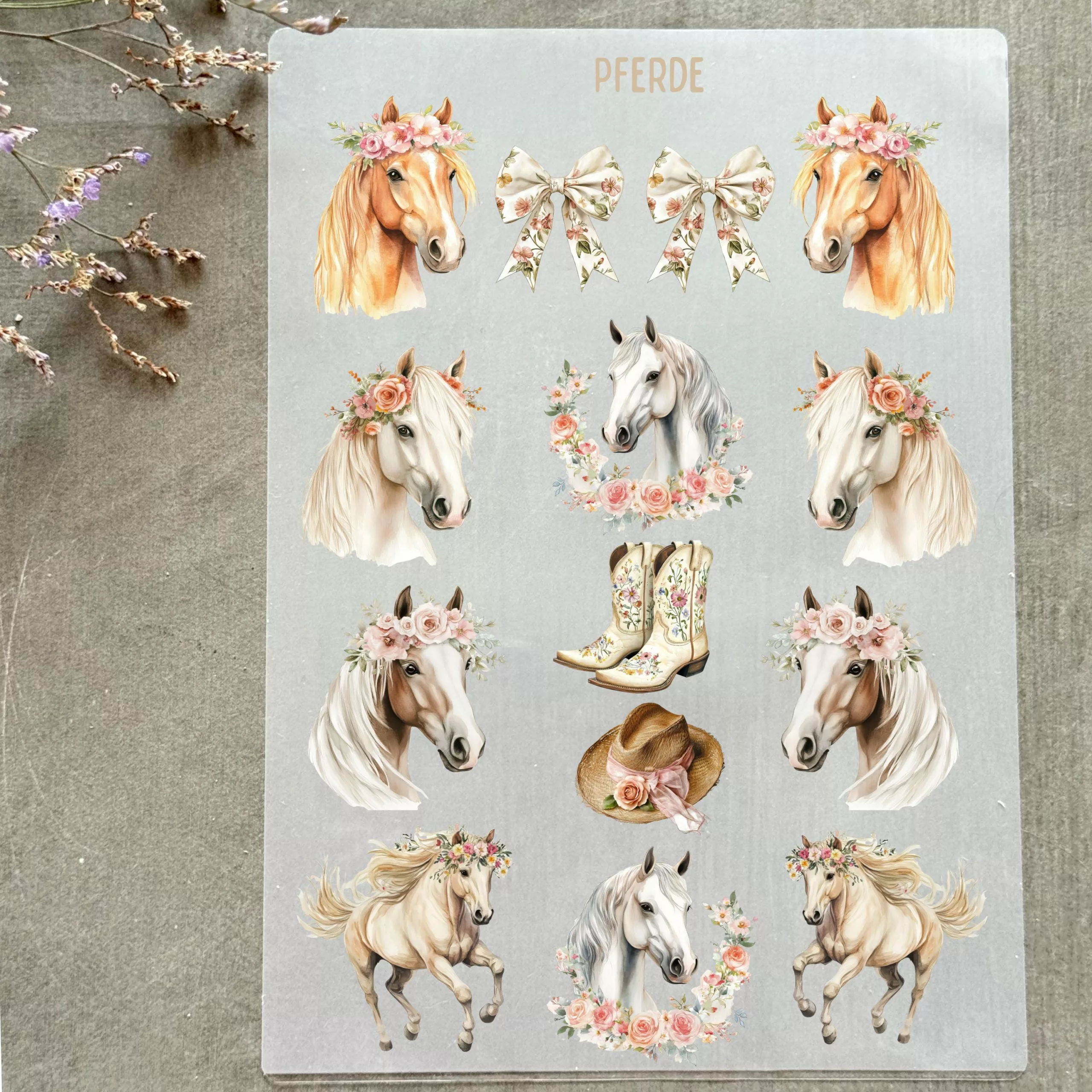 Rub-on Aufkleber I Randlose Sticker I A5 Bogen I UV DTF Sticker I Pferde I Blumen