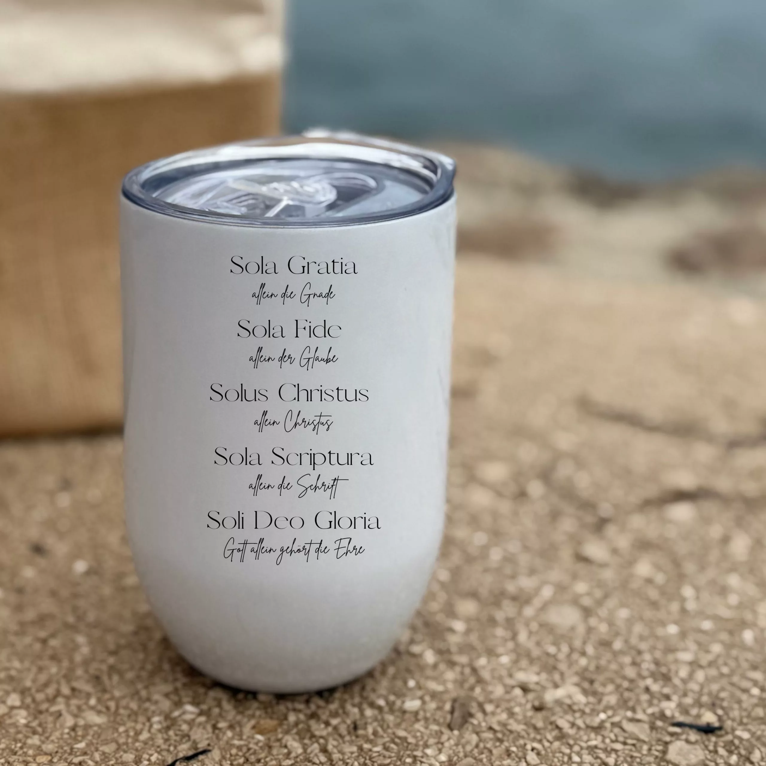 Thermobecher in weiß I Sola Gratia I Allein deine Gnade I christliches Motiv I Kaffee I Tee I Tasse I Edelstahltasse