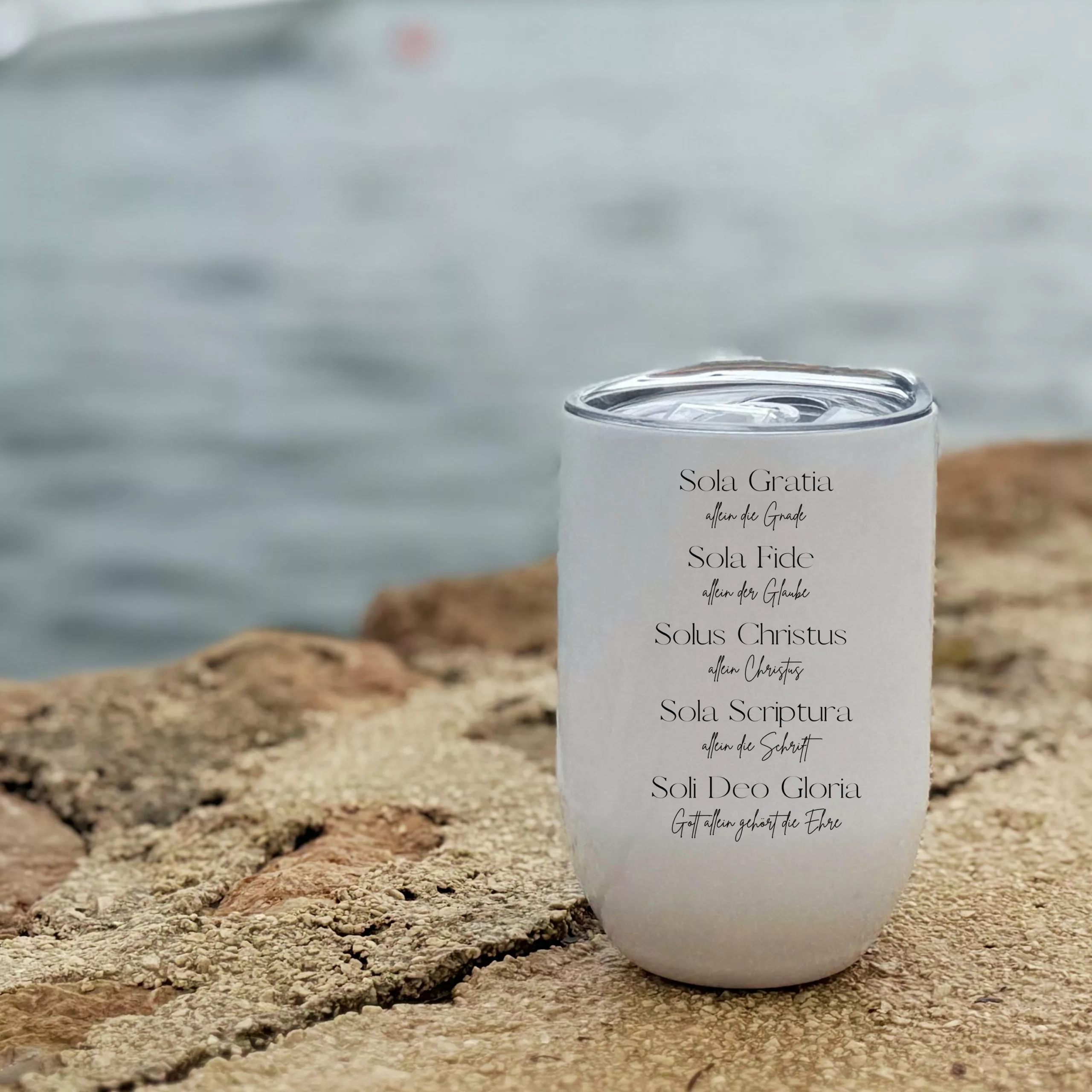 Thermobecher in weiß I Sola Gratia I Allein deine Gnade I christliches Motiv I Kaffee I Tee I Tasse I Edelstahltasse