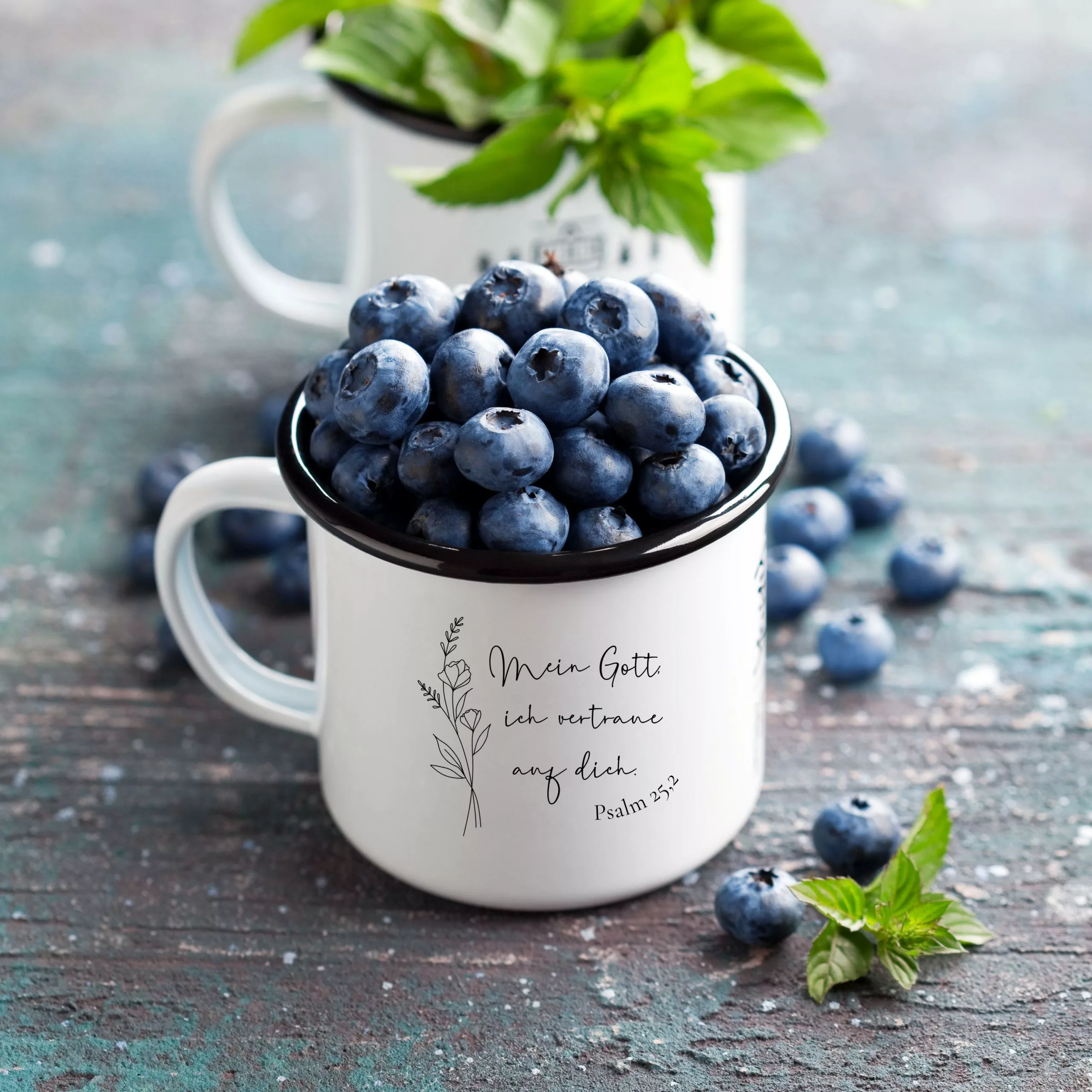 Keramiktasse in Emailleoptik – Mein Gott, ich vertraue auf dich. Psalm 25,2 I Bibelvers