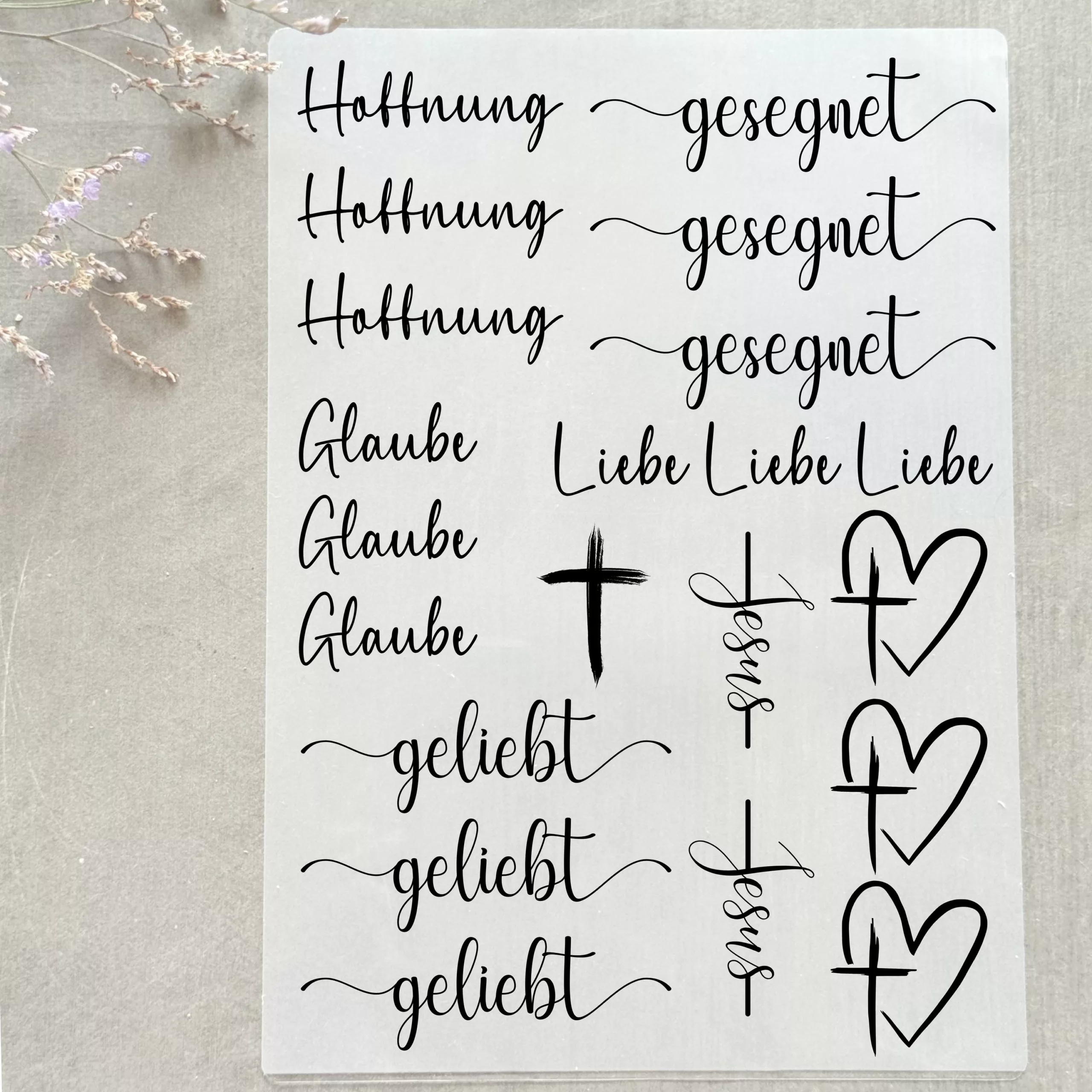 Rub-on Aufkleber I Randlose Sticker I A5 Bogen I christlich I UV DTF Sticker I Jesus I geliebt I Hoffnung I gesegnet I Glaube I Herz I Kreuz