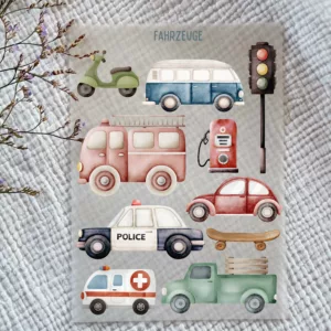 Rub-on Aufkleber I Randlose Sticker I A5 Bogen I UV DTF Sticker I Kindermotive I Autos I Polizei I Bus I Roller I RTW I Feuerwehr