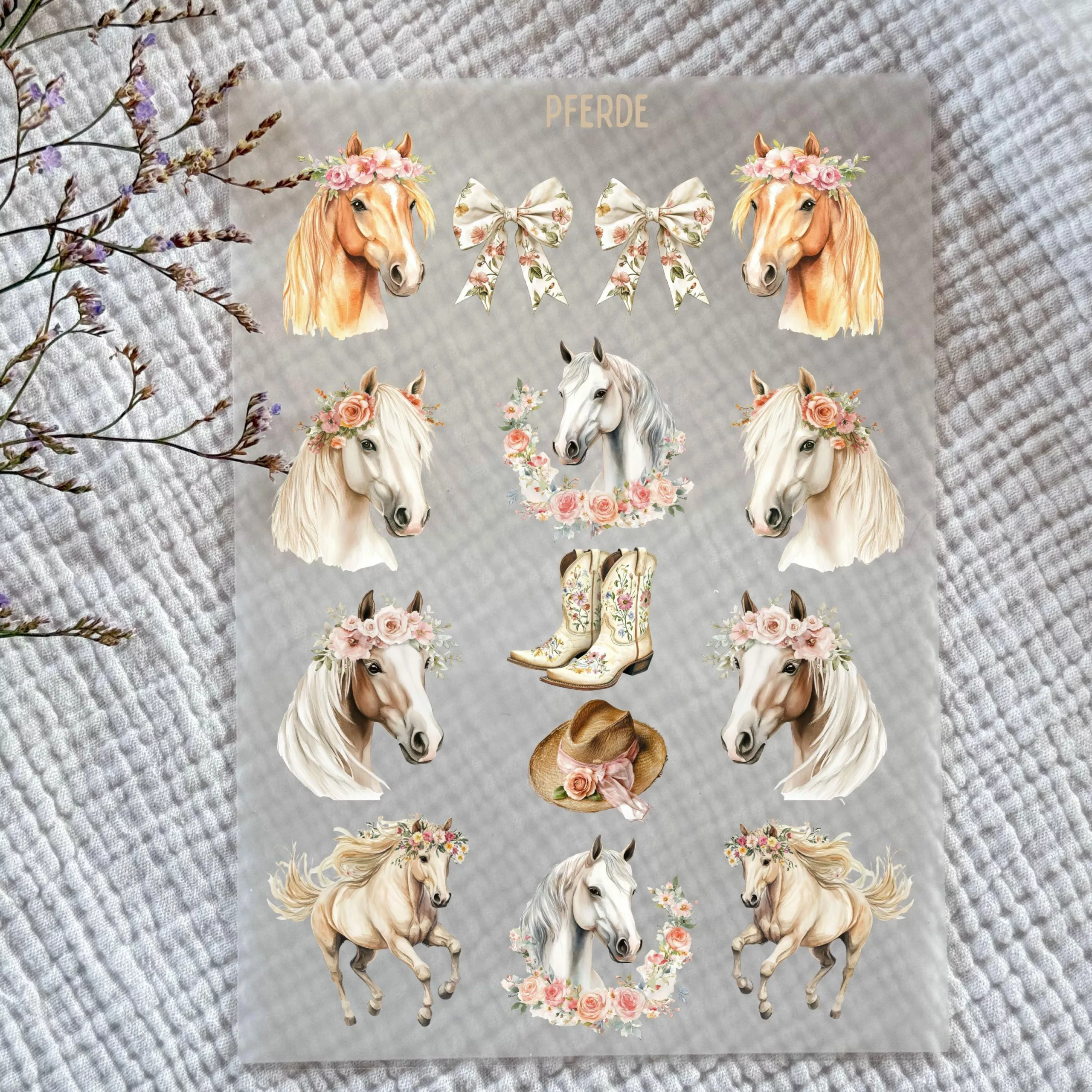 Rub-on Aufkleber I Randlose Sticker I A5 Bogen I UV DTF Sticker I Pferde I Blumen